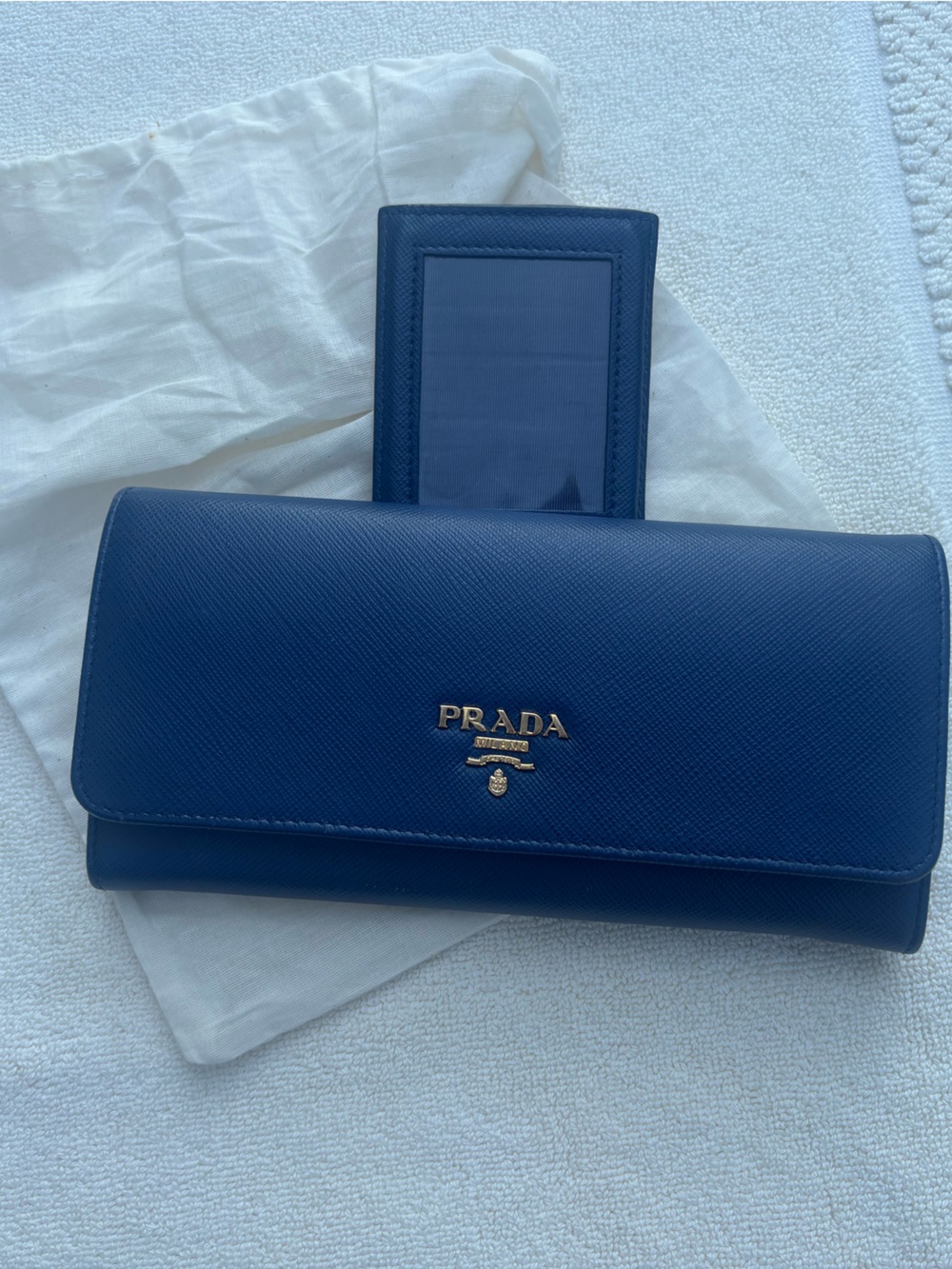 Prada Blue Saffiano Leather Wallet with Gold Hardware